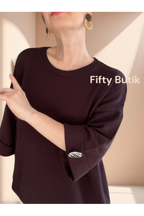 Macca Tasarım Düğme Detay Triko Bluz Kahverengi