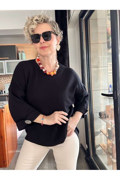 Macca Tasarım Düğme Detay Triko Bluz Siyah