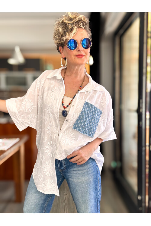 Makkis Kot Cep Detaylı İtalyan Brode Gömlek Beyaz