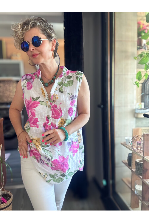 Massa Lilyum Desen Sıfır Kol İtalyan Bluz Beyaz