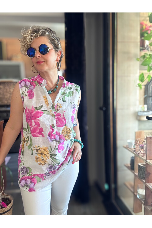 Massa Lilyum Desen Sıfır Kol İtalyan Bluz Beyaz