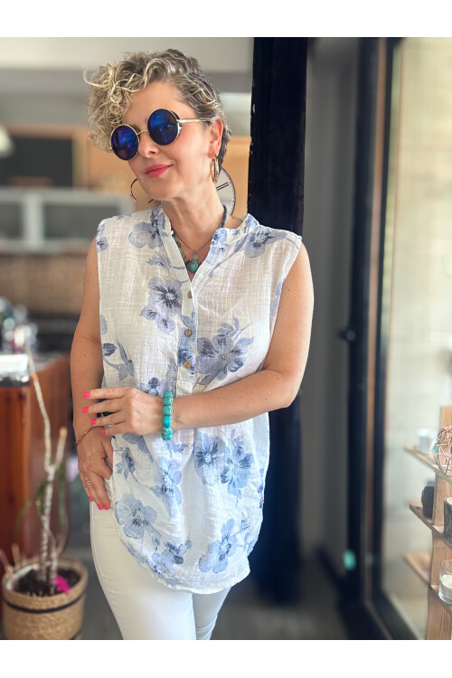 Massa Lotus Desen Sıfır Kol İtalyan Bluz Beyaz