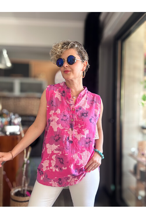 Massa Lotus Desen Sıfır Kol İtalyan Bluz Fuşya
