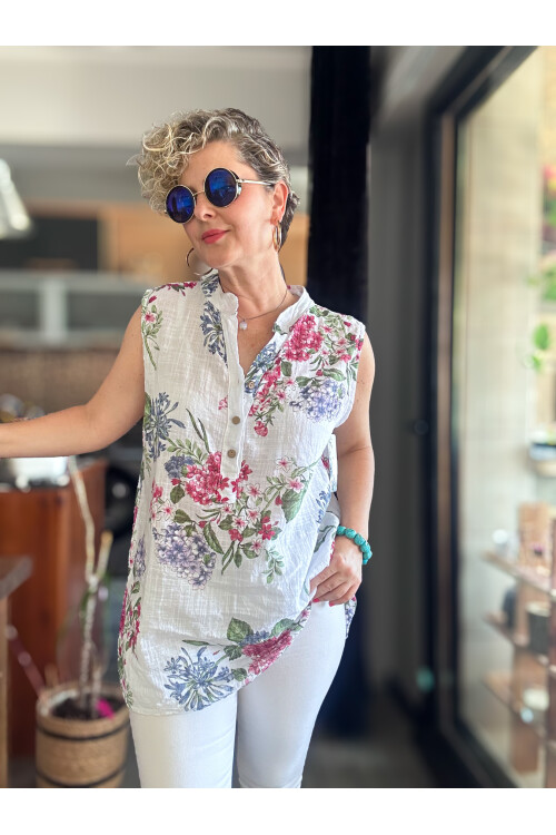 Massa Ortanca Desen Sıfır Kol İtalyan Bluz Beyaz