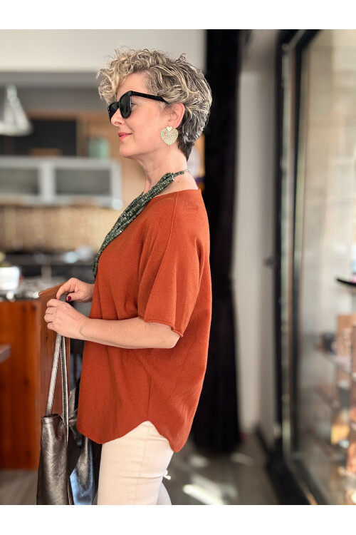 Maste İtalyan Oval Kesim Triko Bluz Kiremit