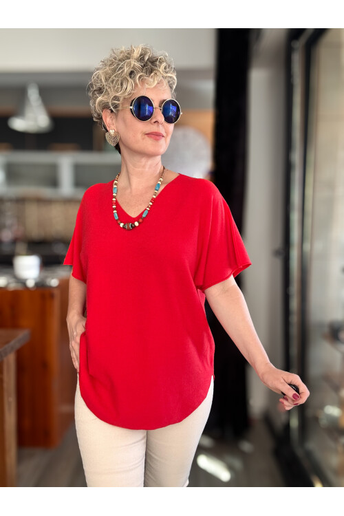 Maste İtalyan Oval Kesim Triko Bluz Kırmızı