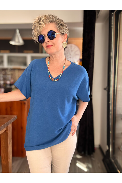 Maste İtalyan Oval Kesim Triko Bluz Sax Mavi