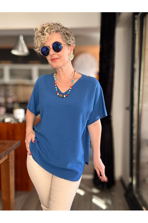 Maste İtalyan Oval Kesim Triko Bluz Sax Mavi