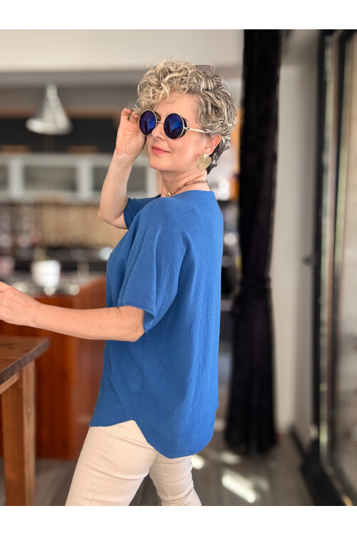Maste İtalyan Oval Kesim Triko Bluz Sax Mavi