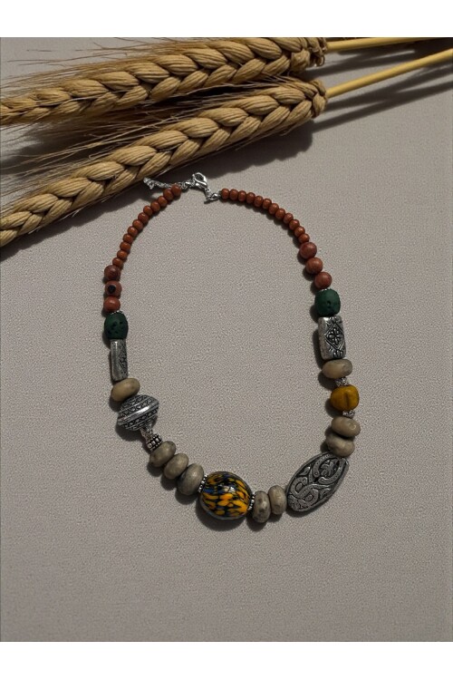 Melis Etnik Pirinç Cam Bambu Kolye