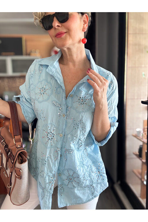 Melly İtalyan Fisto Pul Detay Gömlek Bebe Mavi