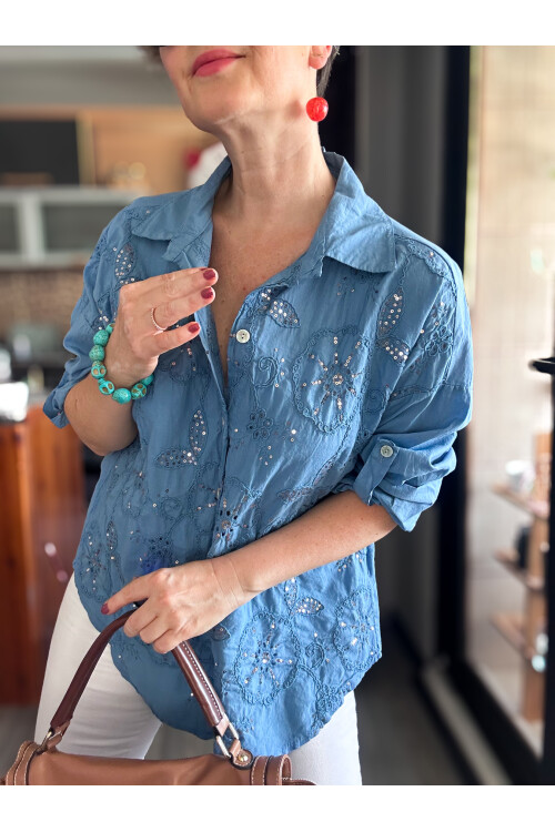 Melly İtalyan Fisto Pul Detay Gömlek İndigo Mavi