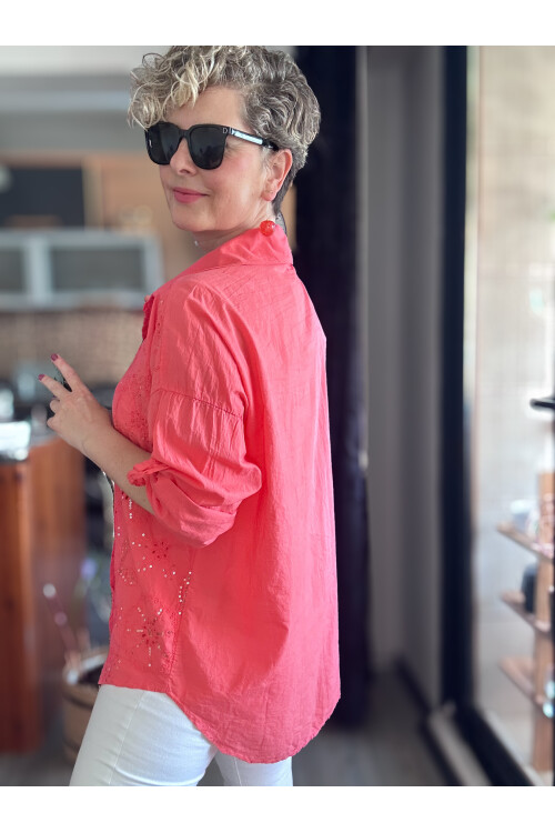 Melly İtalyan Fisto Pul Detay Gömlek Mercan