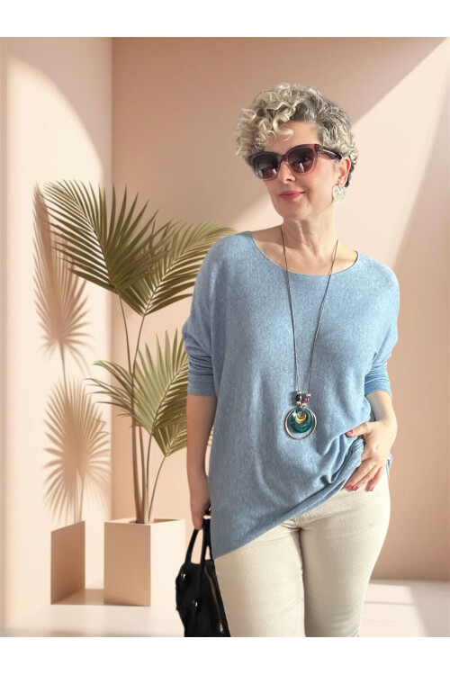 Mezzo İtalyan Kolyeli Tasarım Triko Bluz Bebe Mavi