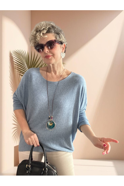 Mezzo İtalyan Kolyeli Tasarım Triko Bluz Bebe Mavi