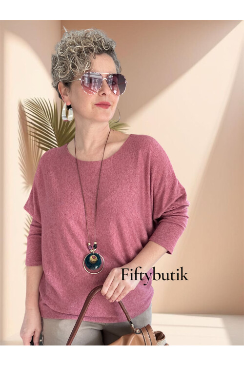 Mezzo İtalyan Kolyeli Tasarım Triko Bluz Pudra