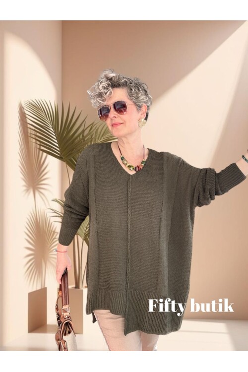 Mudy Tasarım Oversize Triko Tunik Haki Yeşil