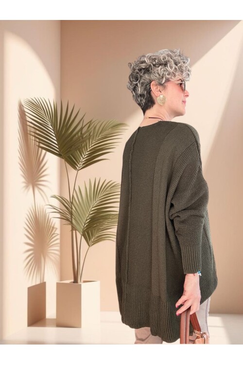 Mudy Tasarım Oversize Triko Tunik Haki Yeşil