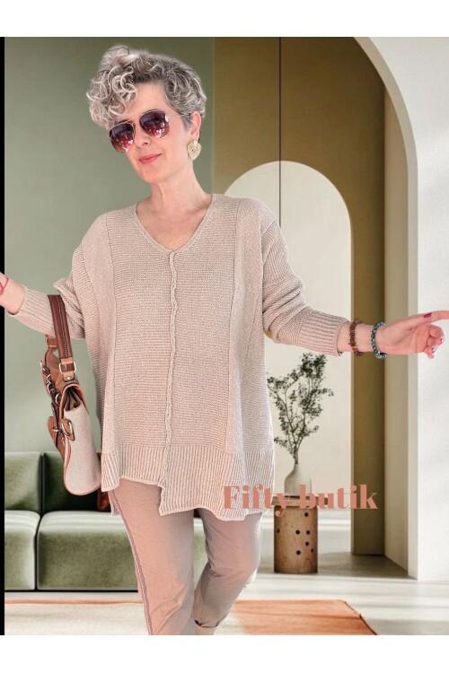 Mudy Tasarım Oversize Triko Tunik Taş