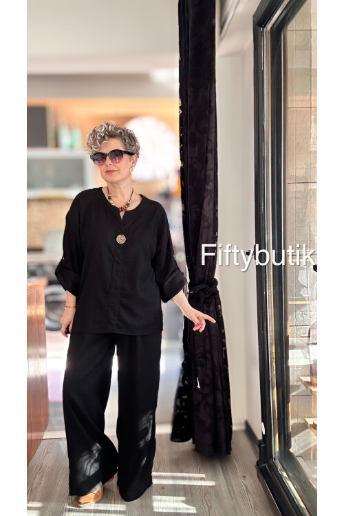 Natte İnce Fitil Düğme Detay Oversize Takım Siyah