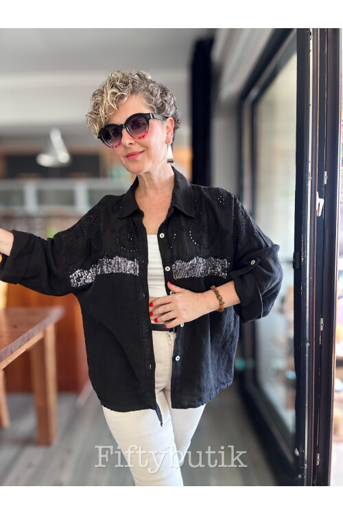 Negroni İtalyan Vip Pul Payet Detay Gömlek Ceket Siyah