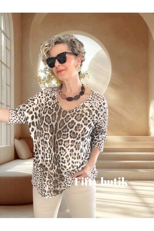 Nerro İtalyan Varak Baskı Leopar Bluz Beyaz