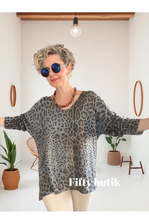 Nerro İtalyan Varak Baskı Leopar Bluz İndigo