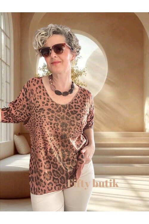 Nerro İtalyan Varak Baskı Leopar Bluz Kiremit