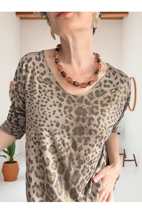 Nerro İtalyan Varak Baskı Leopar Bluz Vizon