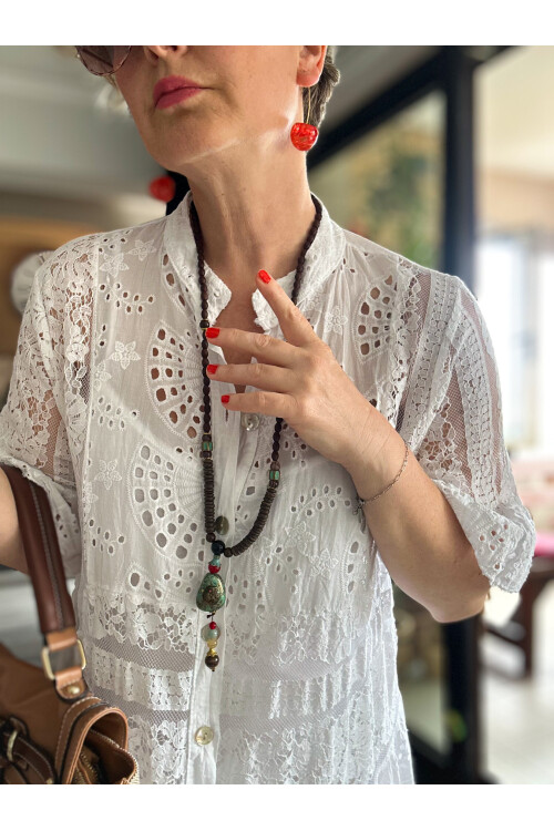 Nessi İtalyan Brode Gömlek Elbise Beyaz