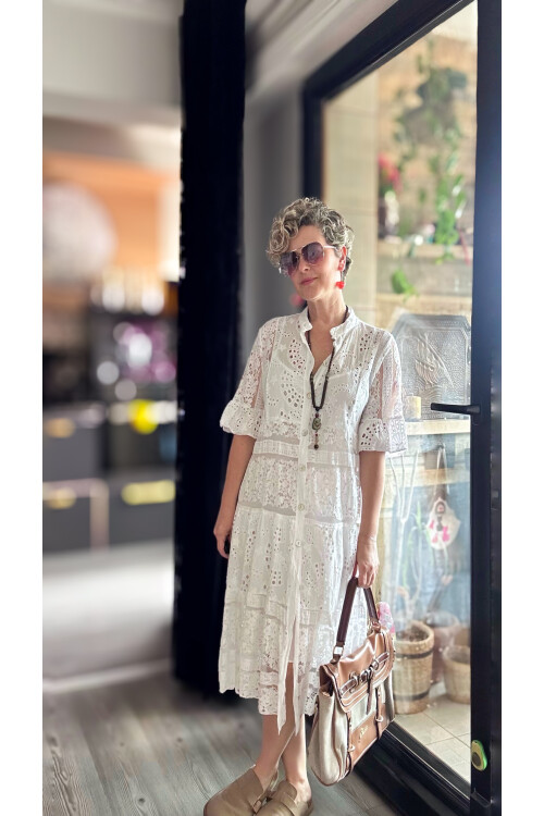 Nessi İtalyan Brode Gömlek Elbise Beyaz