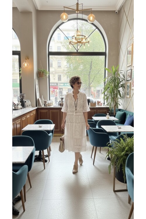 Nessi İtalyan Brode Gömlek Elbise Beyaz