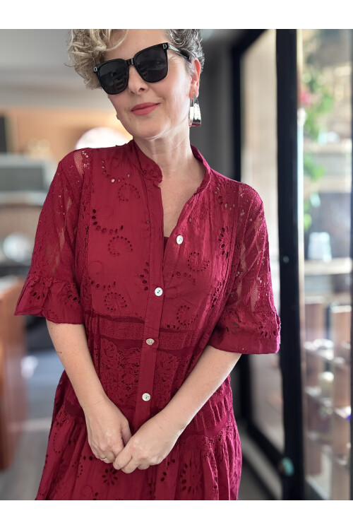 Nessi İtalyan Brode Gömlek Elbise Bordo
