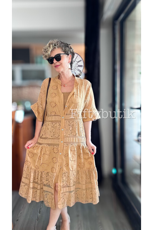 Nessi İtalyan Brode Gömlek Elbise Cappuccino