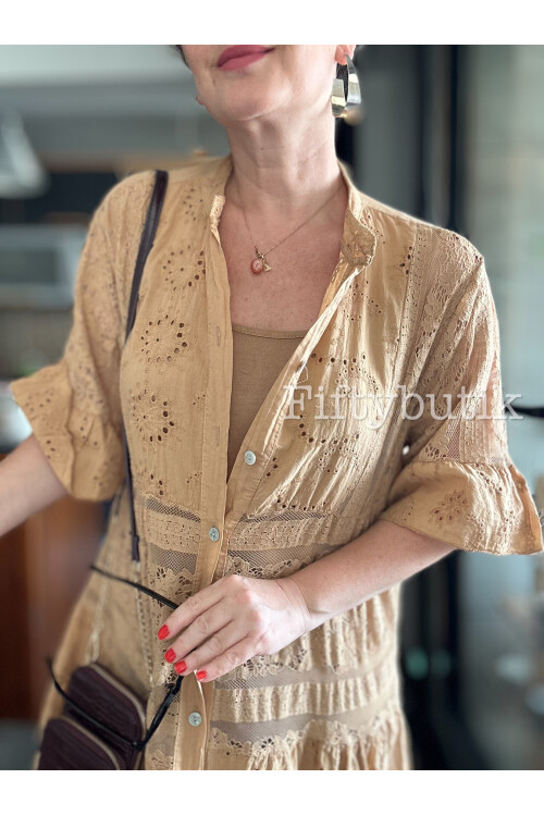 Nessi İtalyan Brode Gömlek Elbise Cappuccino