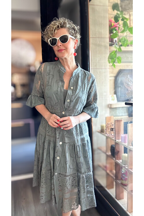 Nessi İtalyan Brode Gömlek Elbise Gri