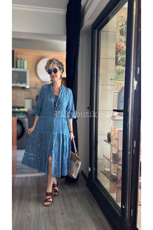 Nessi İtalyan Brode Gömlek Elbise İndigo Mavi