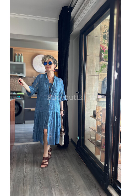 Nessi İtalyan Brode Gömlek Elbise İndigo Mavi