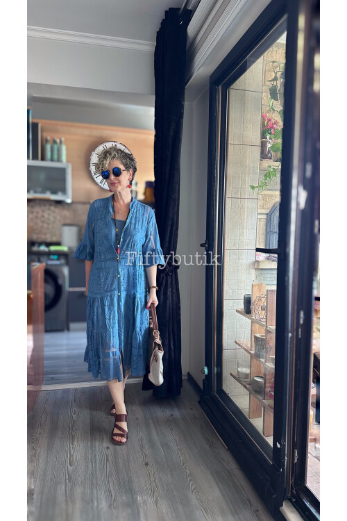 Nessi İtalyan Brode Gömlek Elbise İndigo Mavi