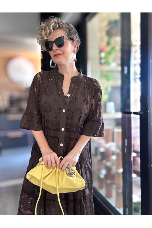 Nessi İtalyan Brode Gömlek Elbise Kahverengi