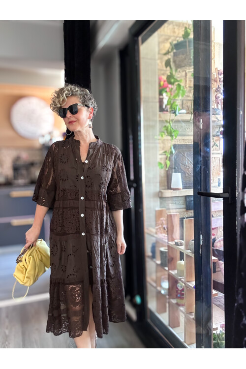 Nessi İtalyan Brode Gömlek Elbise Kahverengi