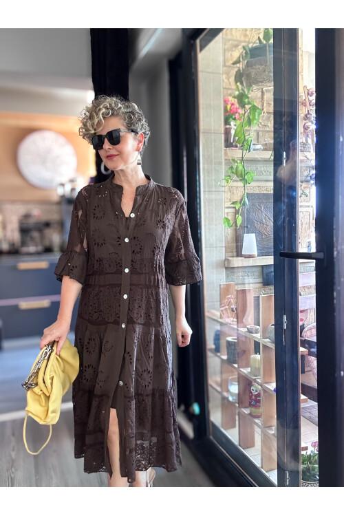 Nessi İtalyan Brode Gömlek Elbise Kahverengi