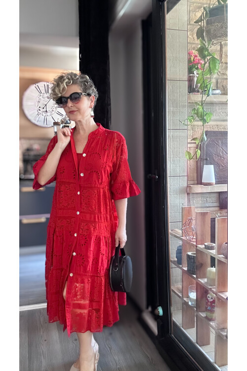 Nessi İtalyan Brode Gömlek Elbise Kırmızı