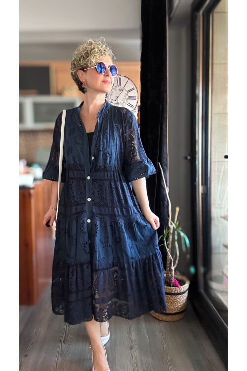 Nessi İtalyan Brode Gömlek Elbise Lacivert