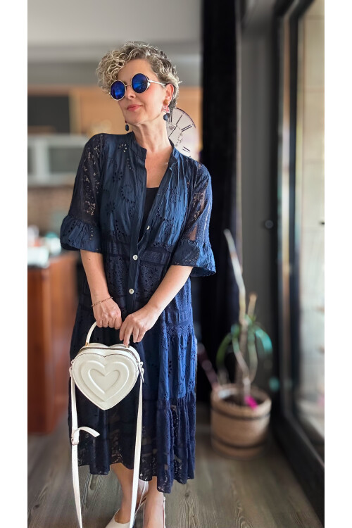 Nessi İtalyan Brode Gömlek Elbise Lacivert