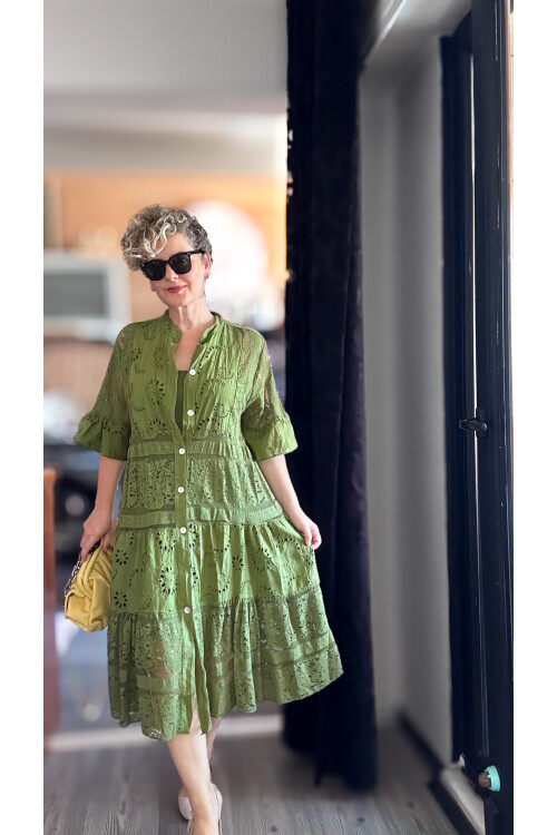 Nessi İtalyan Brode Gömlek Elbise Military Yeşil