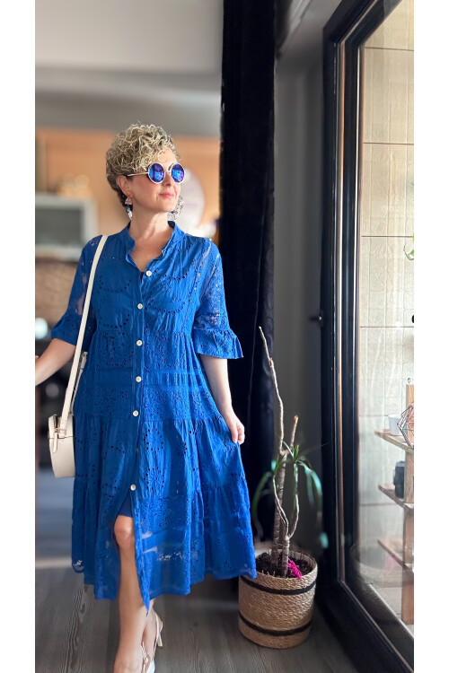 Nessi İtalyan Brode Gömlek Elbise Sax