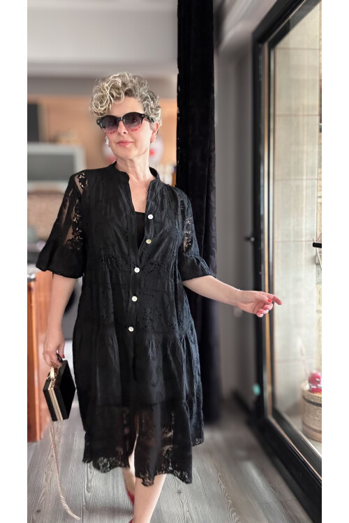 Nessi İtalyan Brode Gömlek Elbise Siyah