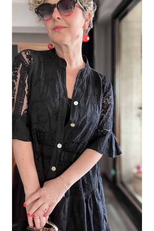 Nessi İtalyan Brode Gömlek Elbise Siyah