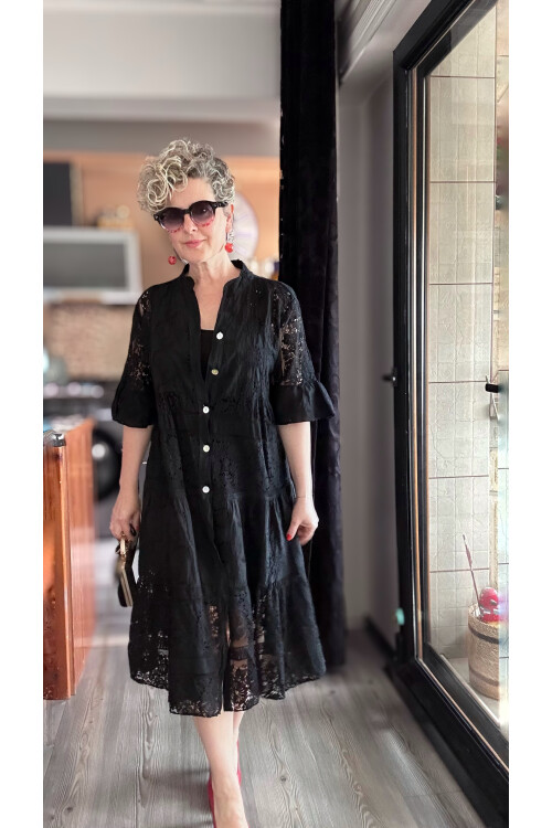 Nessi İtalyan Brode Gömlek Elbise Siyah